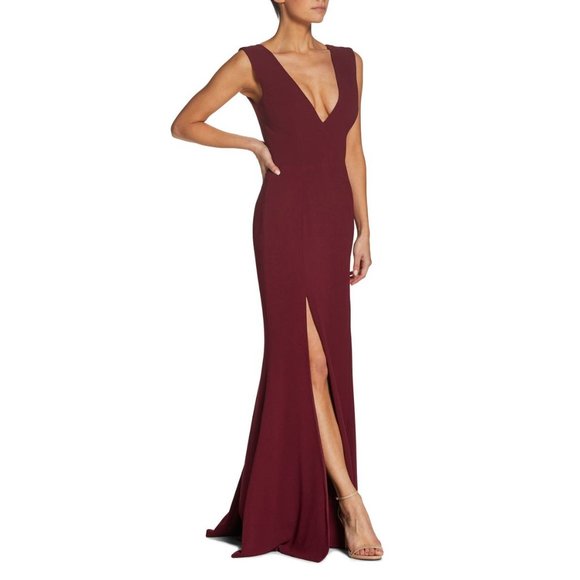 DRESS THE POPULATION Plunge Sandra Trumpet Gown Dress Burgundy Medium 6 NEW - Picture 2 of 12